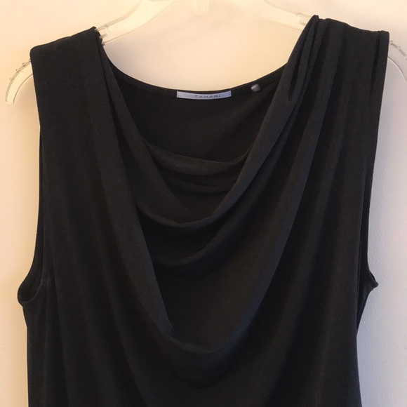 T Tahari | Black Sleeveless Cowl Neck Ruched Side Asymmetrical Hem Dress Size L - Picture 4 of 8